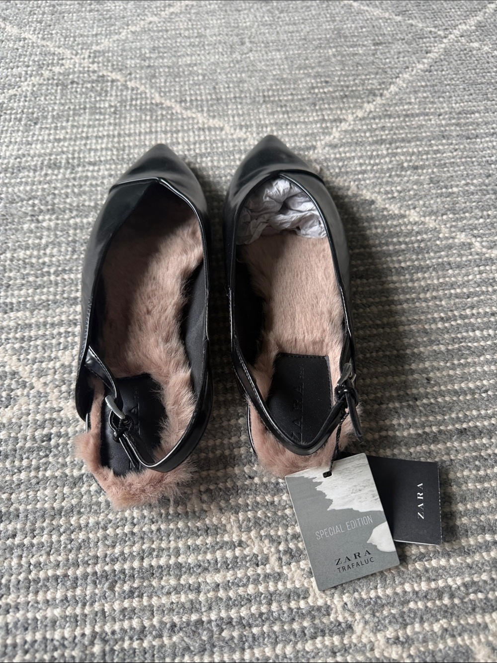 Zara Black Pointed-Toe Flats with Pink Fur Trim